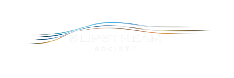 Slipstream Society logo with bold SLIPSTREAM wordmark above SOCIETY in clean modern typography on a transparent black background with flowing blue and orange lines
